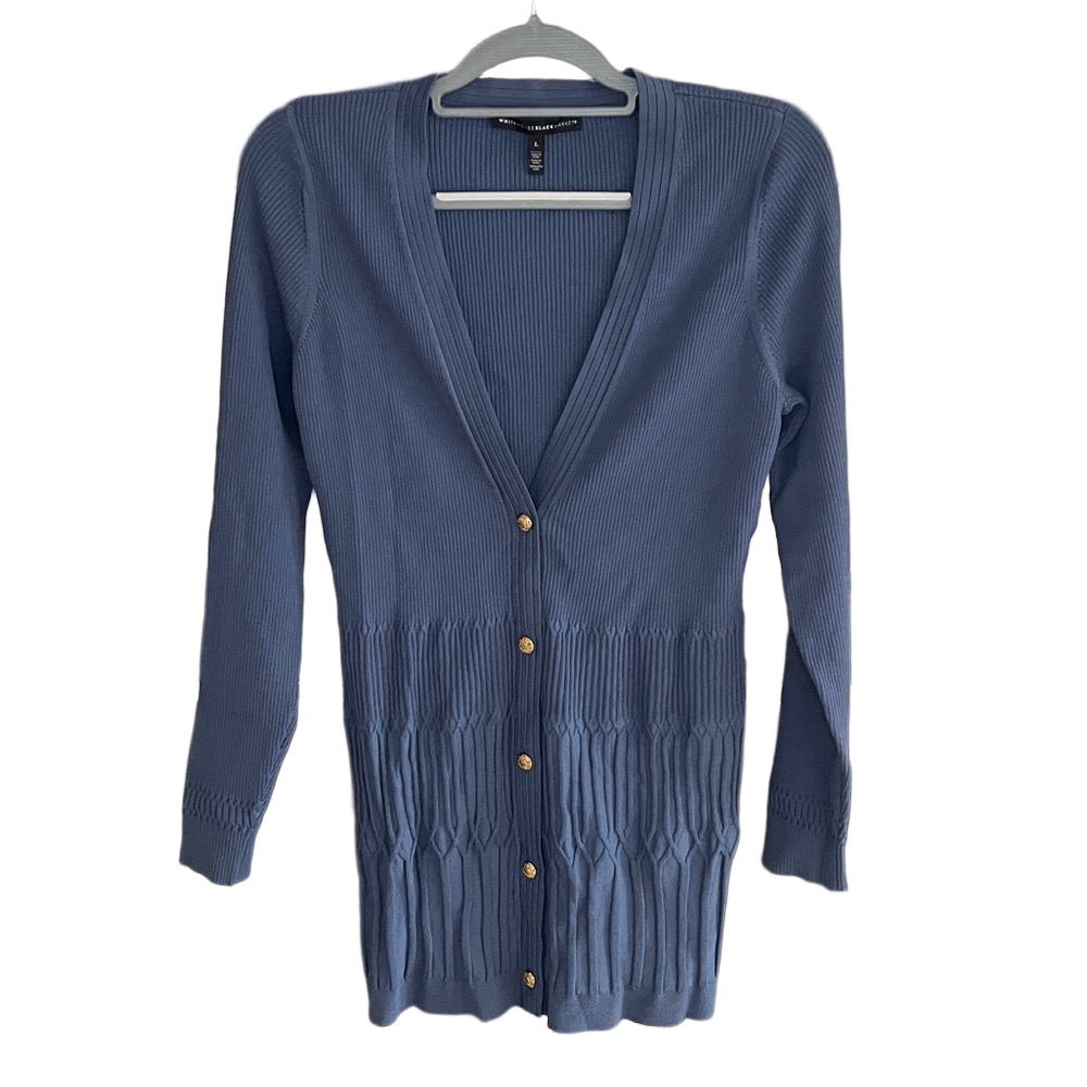 White House Black Market Long Fitted Blue V-neck Sweater